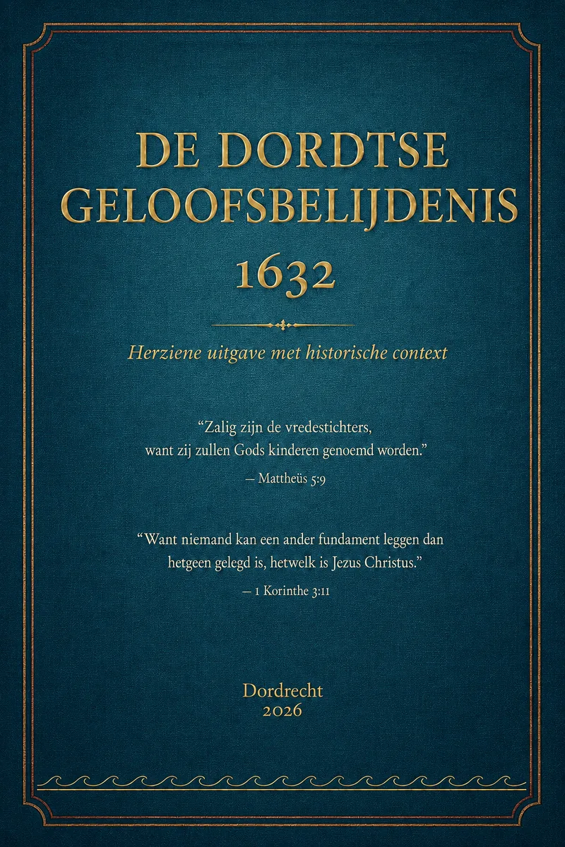 Omslag De Dordtse Geloofsbelijdenis 1632, blauw linnen met gouden letters