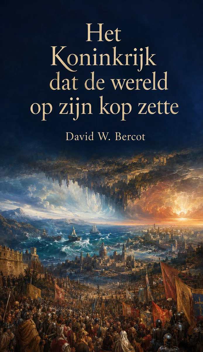Omslag Het Koninkrijk dat de wereld op zijn kop zette, met een omgekeerde stad boven een zee en een menigte met vaandels