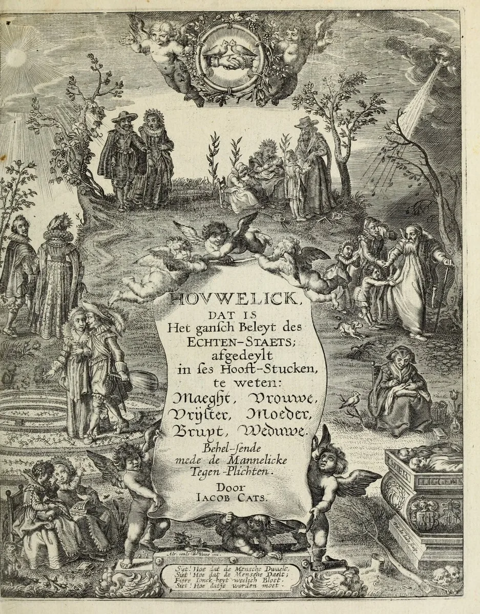 Titelprent van Houwelick uit 1625, gravure met de zes levensfasen van de vrouw rond de titel