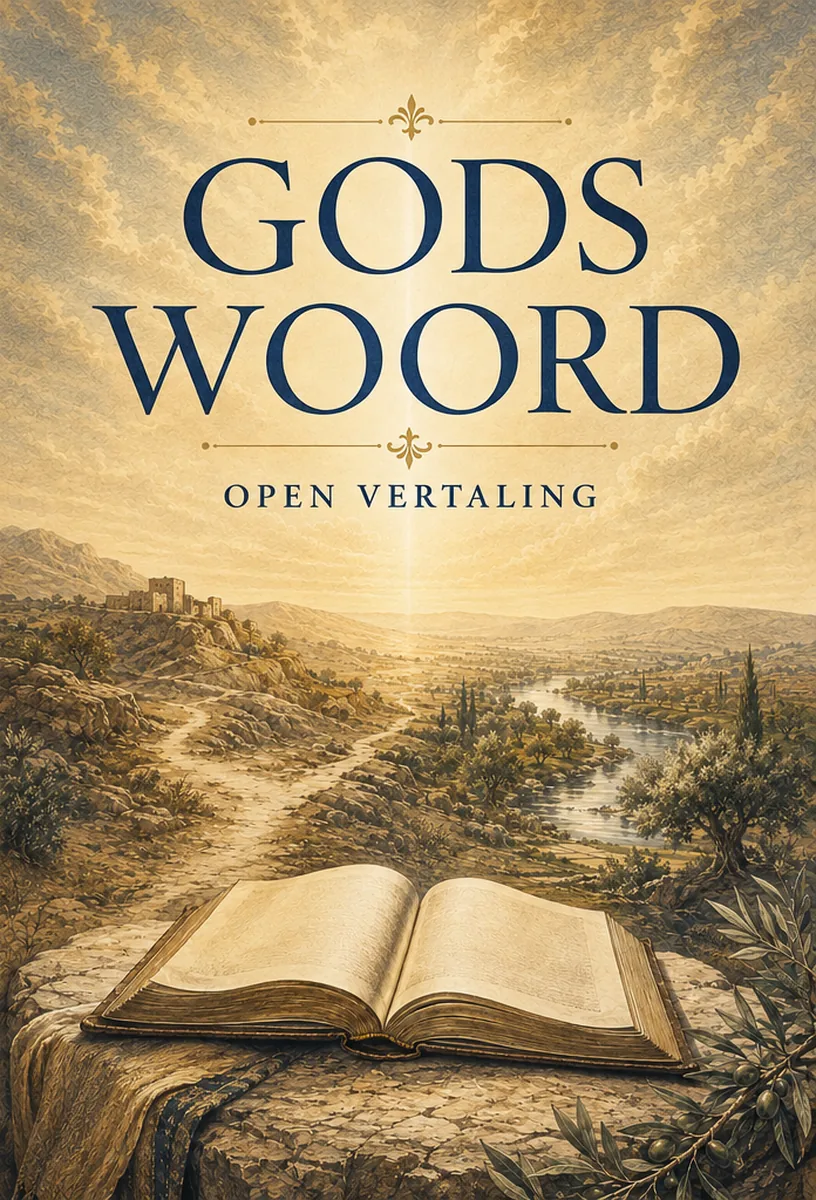Omslag Gods Woord, Open Vertaling, met een opengeslagen Bijbel in een landschap