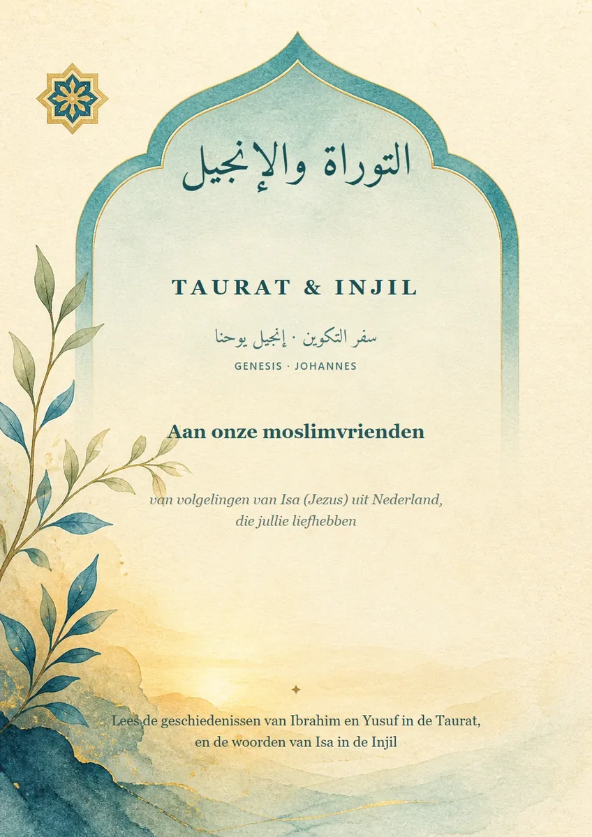 Omslag Taurat en Injil, een boog in aquarel met de Arabische en Nederlandse titel